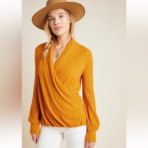 Maeve Anthropologie Rafela Hacci Surplice Top Ribbed Wrap M - Picture 2 of 12